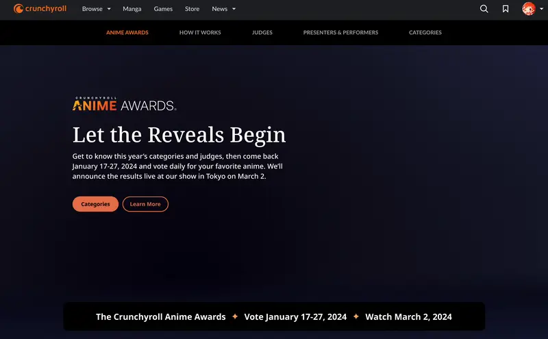 Anime Awards page framework, 2024