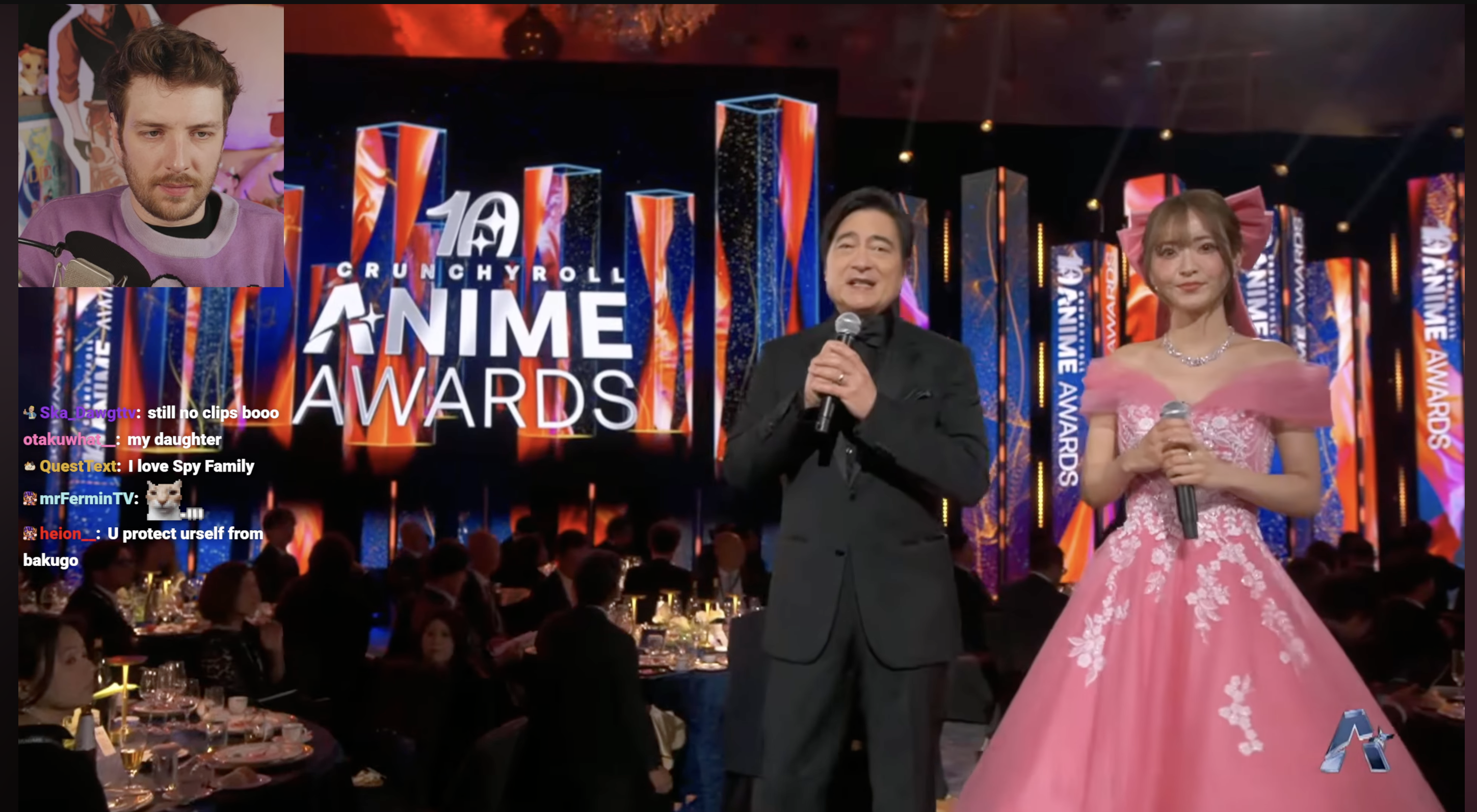 Fan reacting to the Anime Awards livestream from Japan