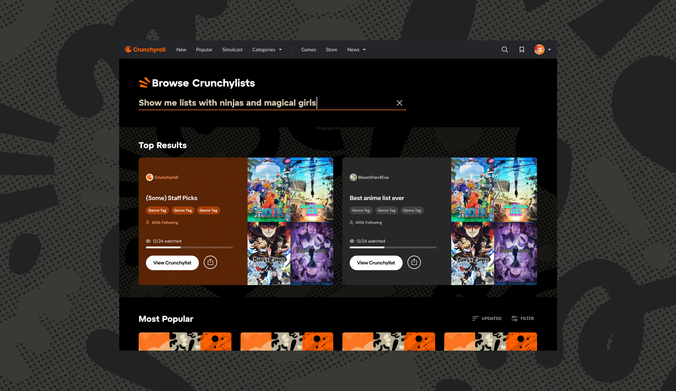 Browse Crunchylists page with search and top results