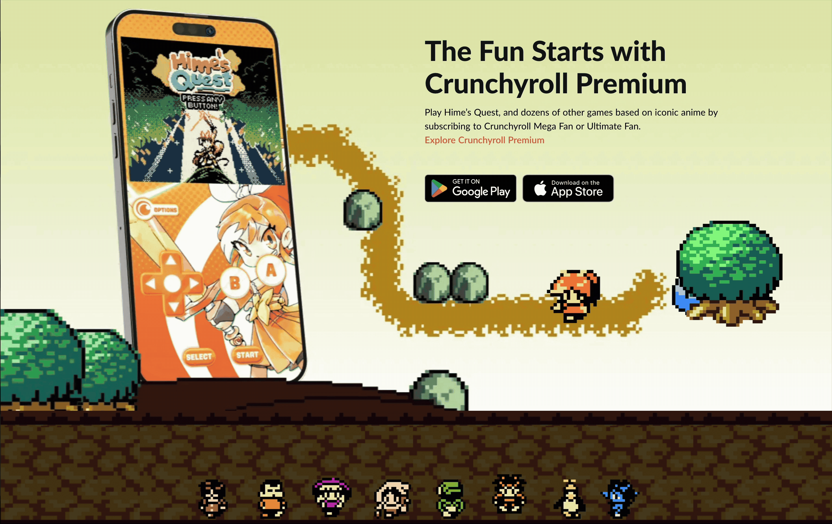 Hime's Quest promotional page with app store links and character roster