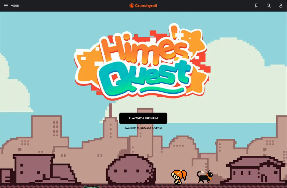 Hime's Quest landing page with retro game logo and playable browser scene