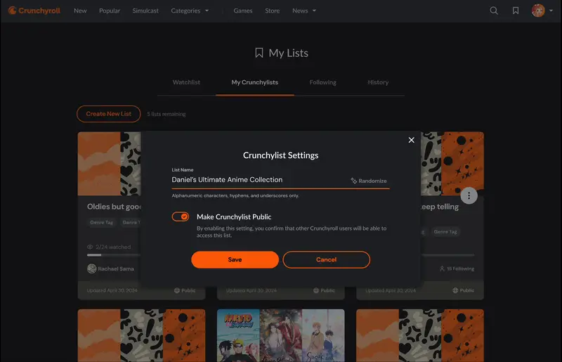 Generative AI previewing randomly generated list titles