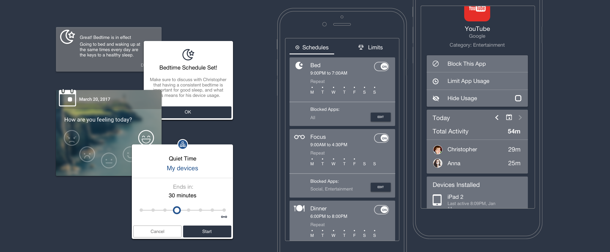 Schedules, limits, and app blocking modals across the Zen Screen experience