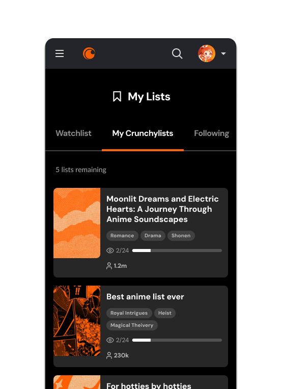 My Lists screen showing My Crunchylists tab with user-generated lists