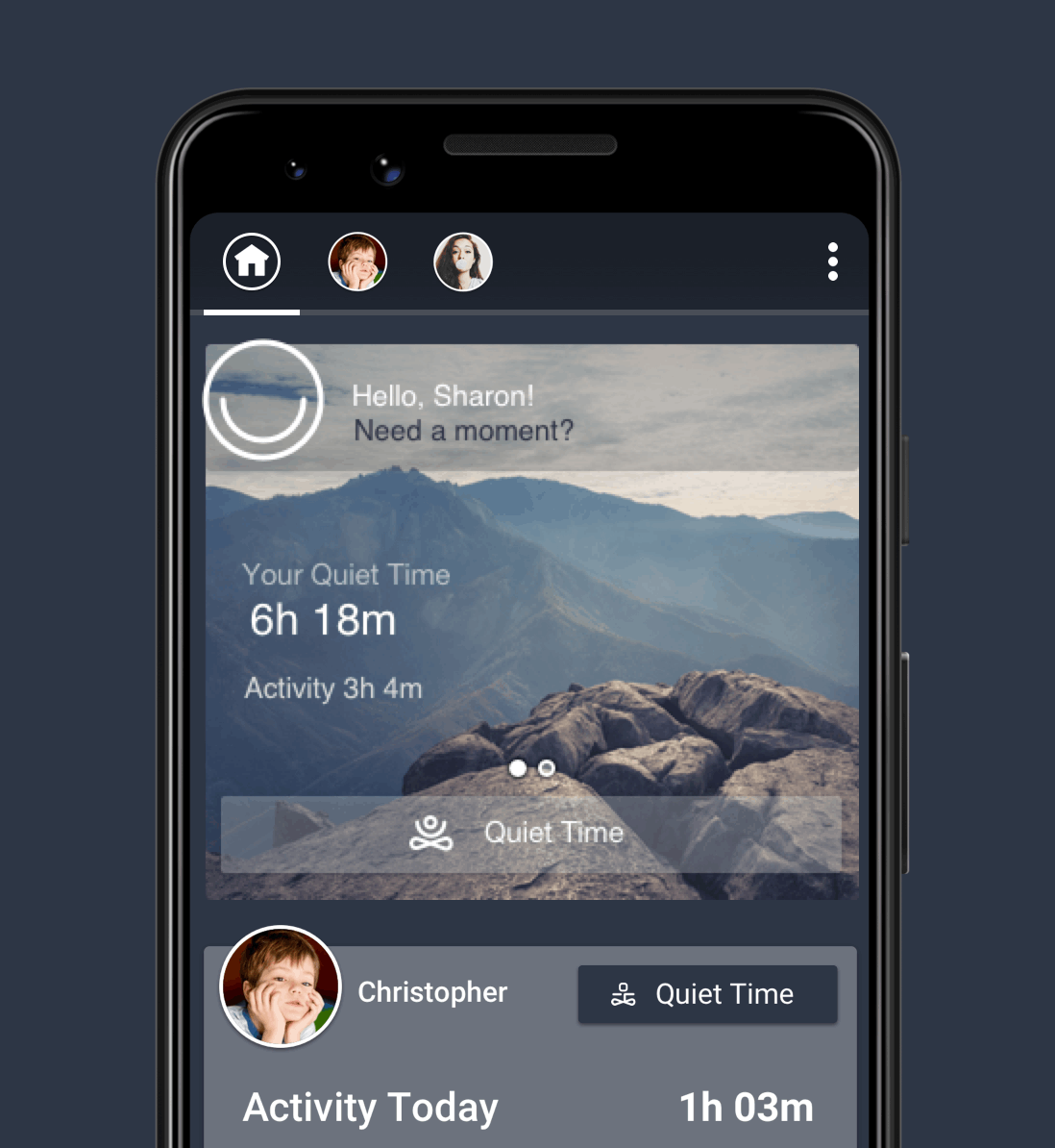 Parent device showing Quiet Time prompt and child profile activity