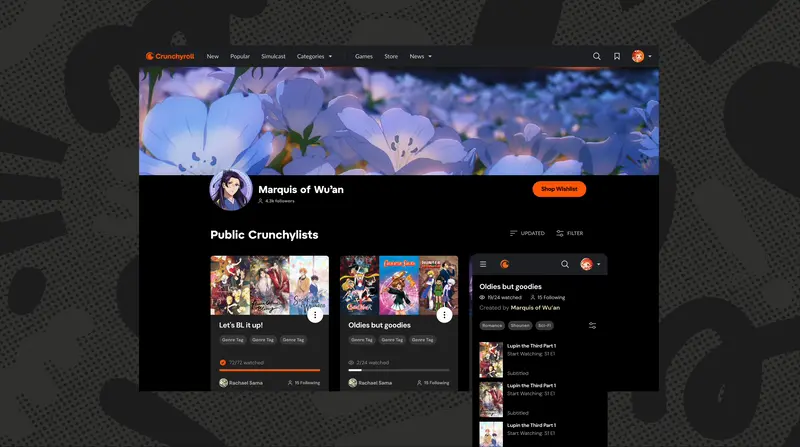 Public profile pages showcasing user-generated Crunchylists
