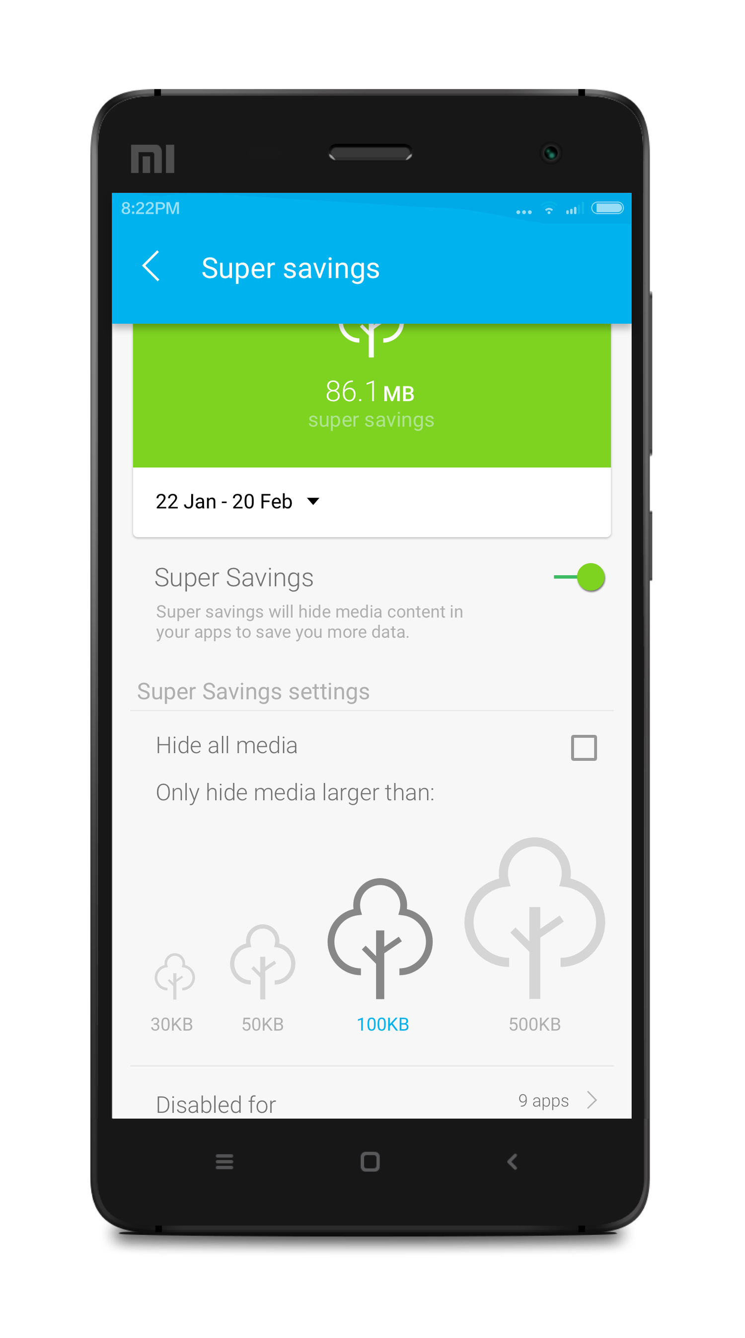 Super savings settings screen with per-app media size controls