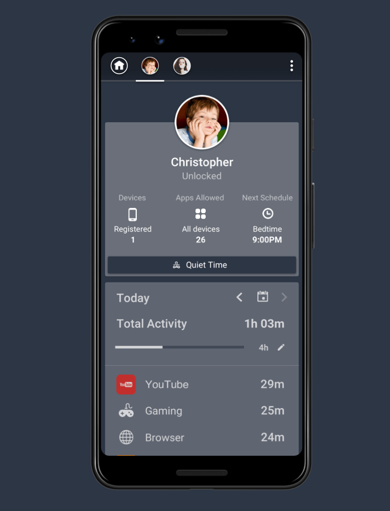 Parent device showing child profile, activity, and app usage breakdown
