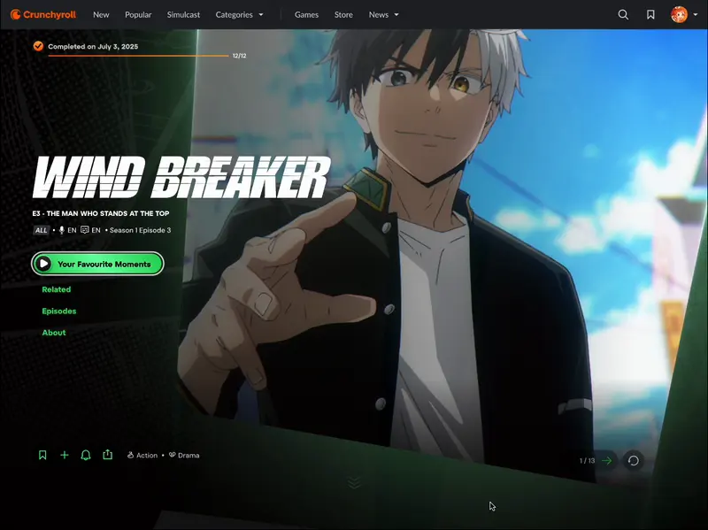 Series page desktop web UI upon completion of a series