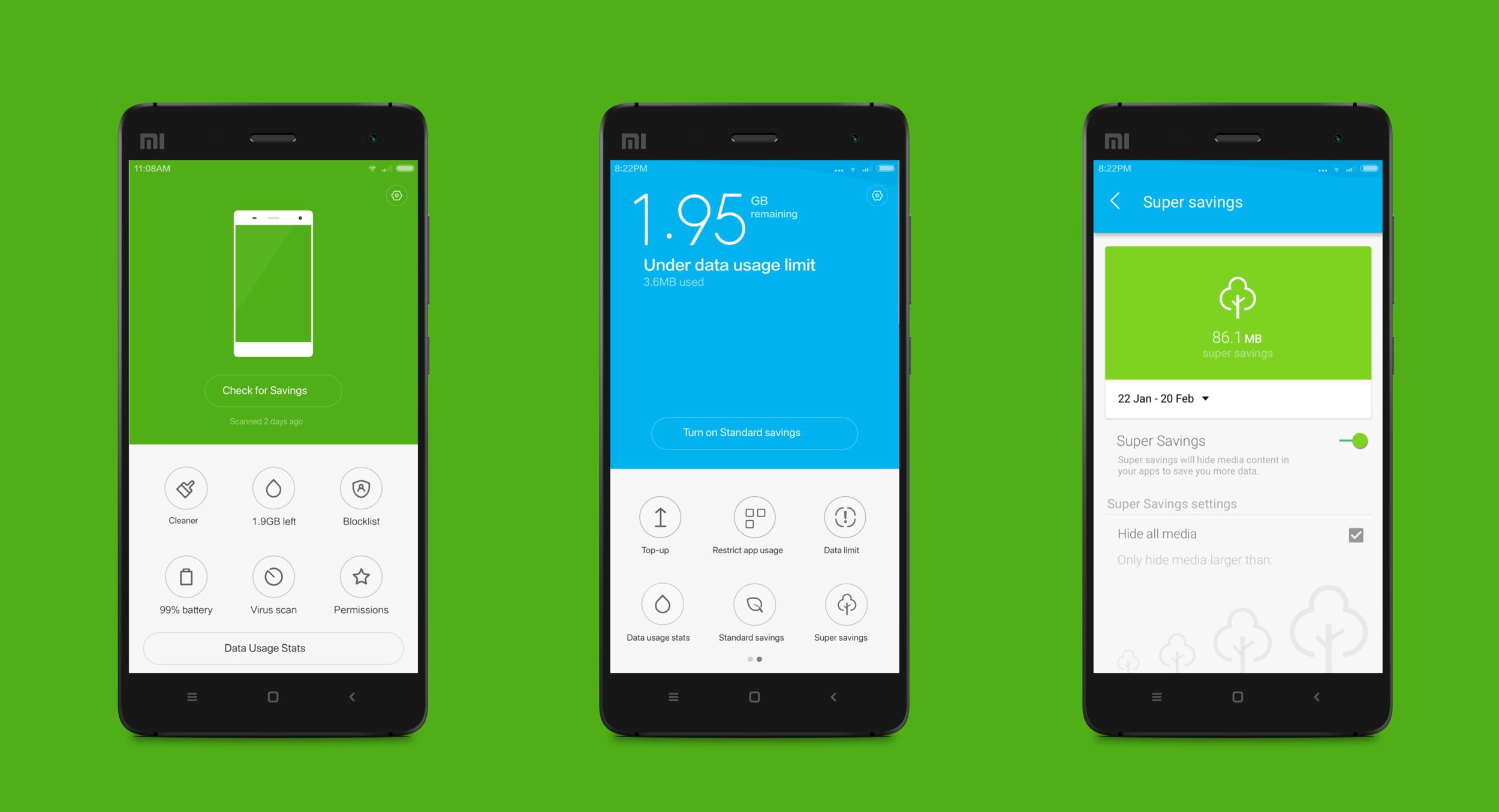 Xiaomi x Opera Max data savings app screens